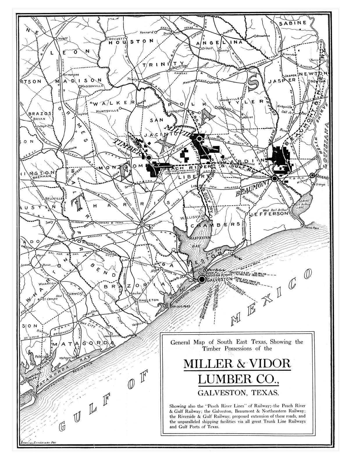 "Peach River Lines" of the Miller-Vidor Lumber Company (Tex.), Map Showing Company's Tram Systems in 1910.