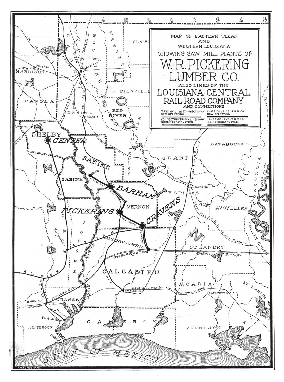 W.R. Pickering Lumber Company (La., Tex.), Map Showing Mills in Texas and Louisiana in 1906.
