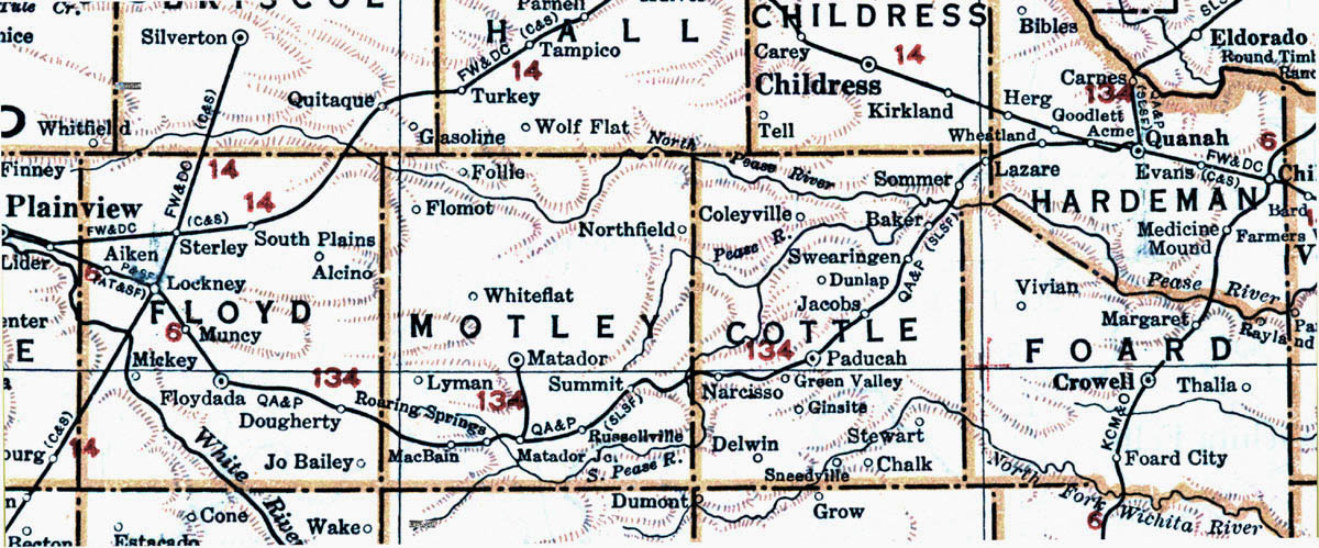 Quanah, Acme & Pacific Railway Company (Tex.), Map Showing Route in 1930.