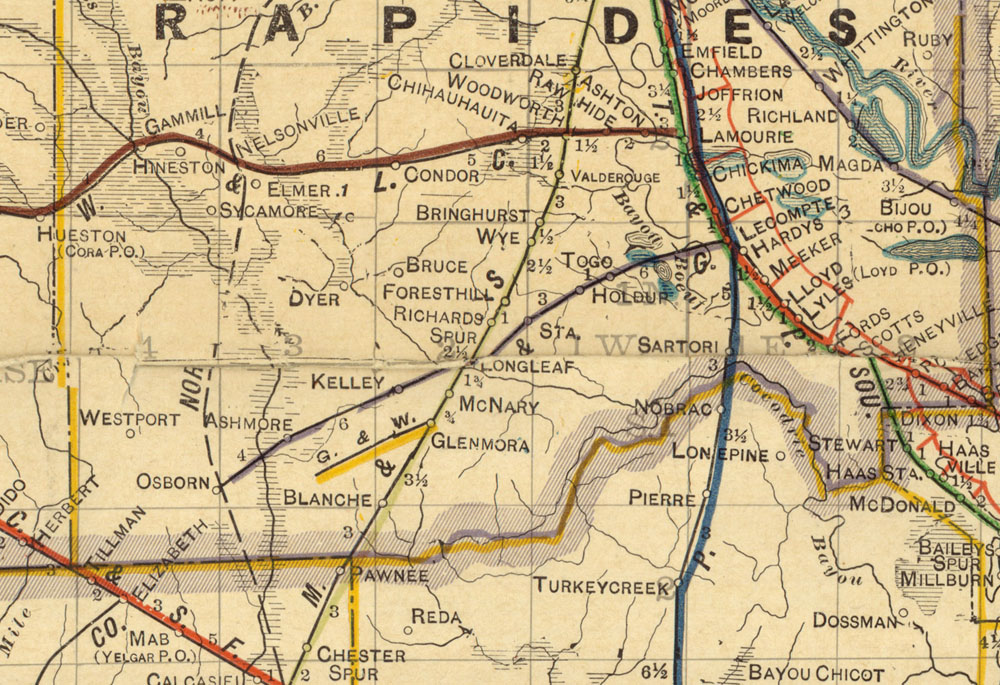 Red River & Gulf Railroad Company (La.), Map Showing Route in 1913.