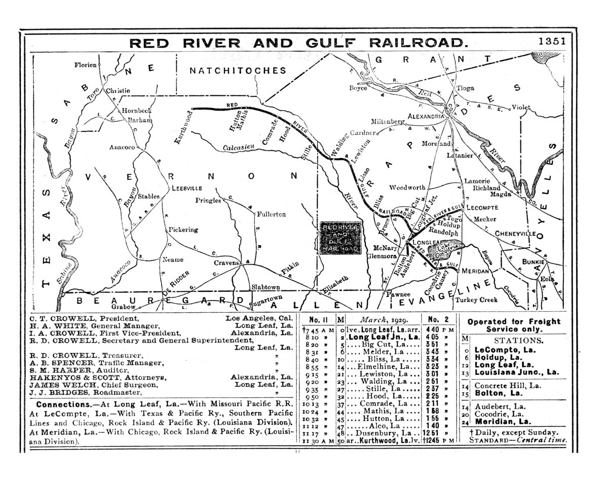 Red River & Gulf Railroad Company (La.), Public Timetable Showing Route in 1929.
