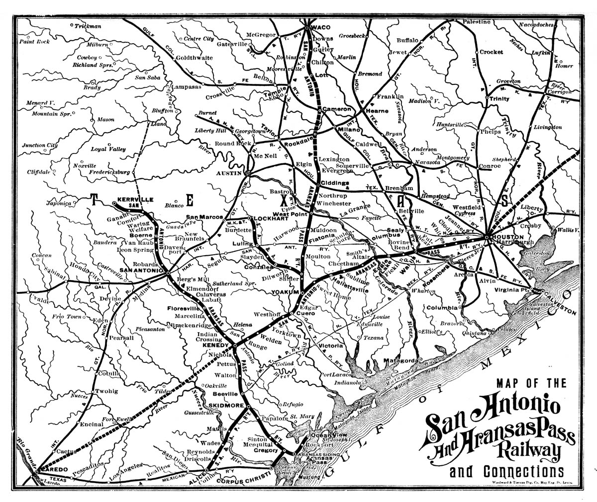 San Antonio & Aransas Pass Railway, Station Reference Map Showing Route circa 1905-1910.