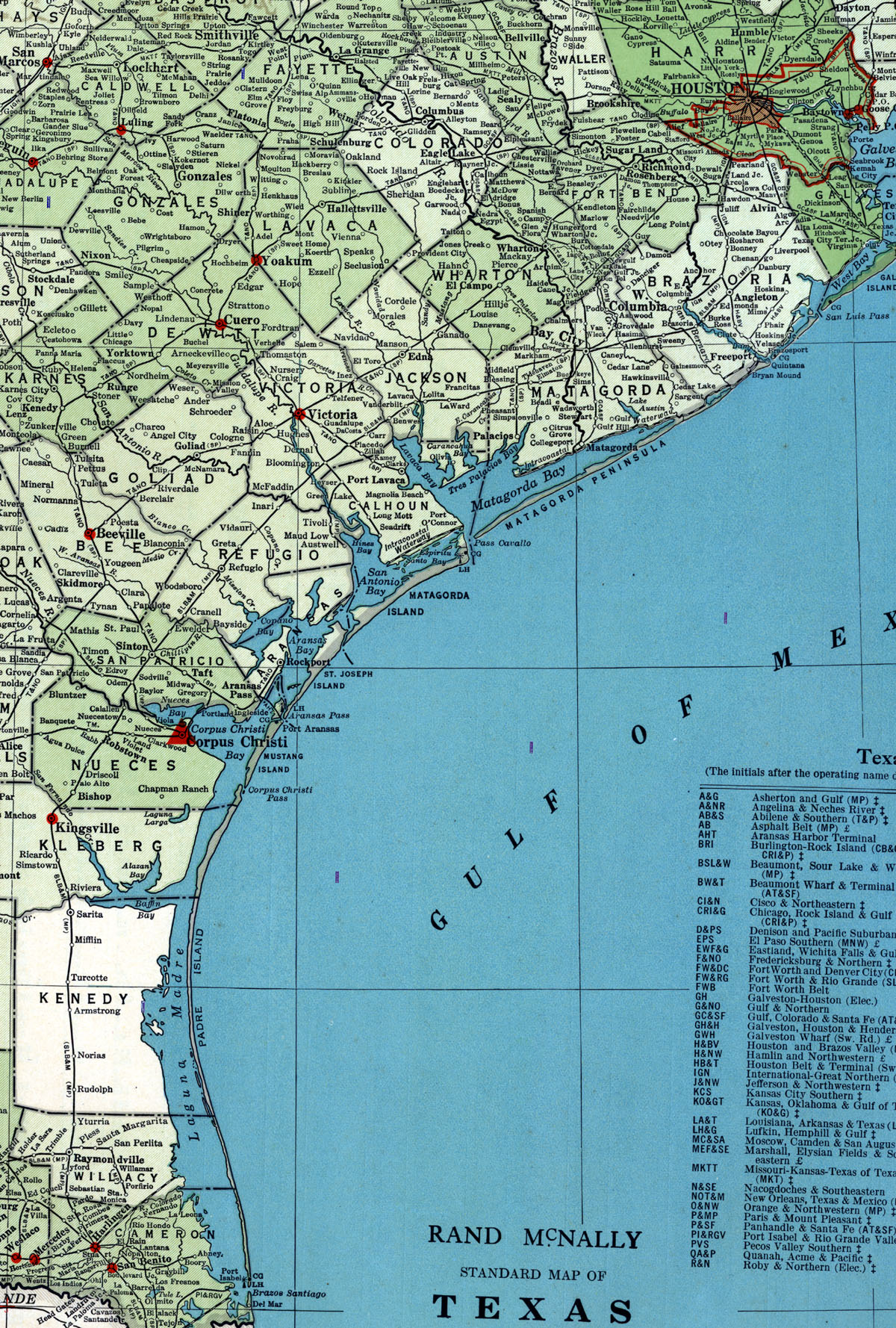 St. Louis, Brownsville & Mexico Railway Company (Tex.), map showing route along the Gulf Coast of Texas in 1937.