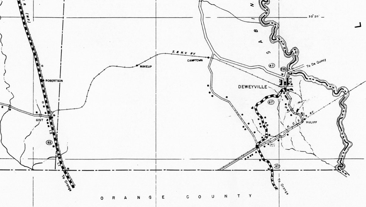 Sabine & Neches River Railway Company (Peavy-Moore Lumber Company), map showing route in 1936.