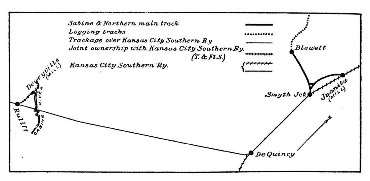 Sabine & Northern Railroad Company (Tex., La.), reference map showing routes in Louisiana and Texas in 1912.