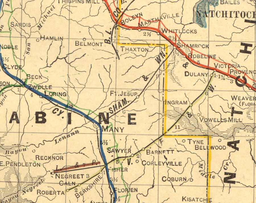 Shamrock & Western Railway Company (La.), Map Showing Route in 1913.