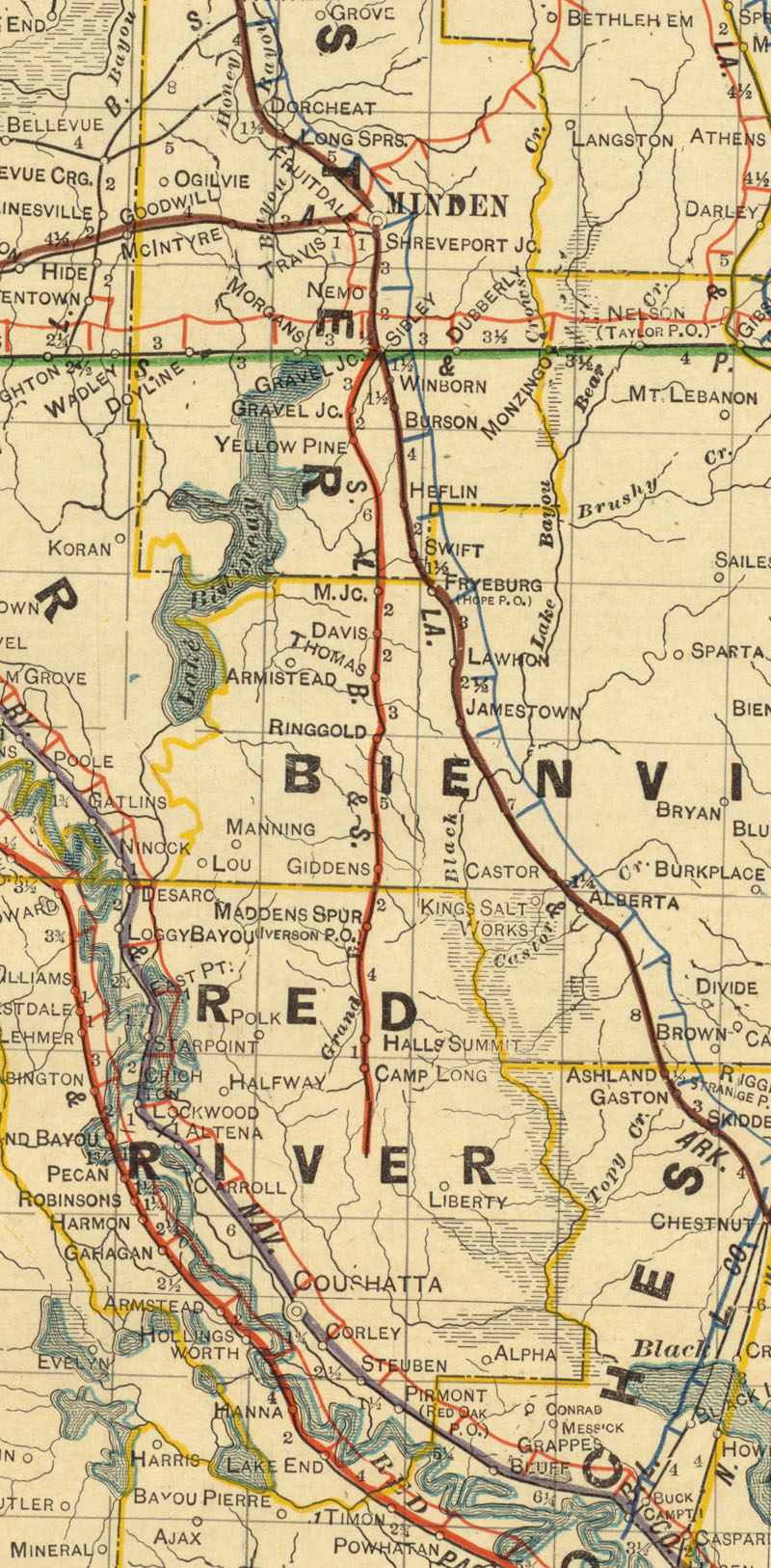 Sibley, Lake Bisteneau & Southern Railway Company (La.), Map Showing Route in 1913.