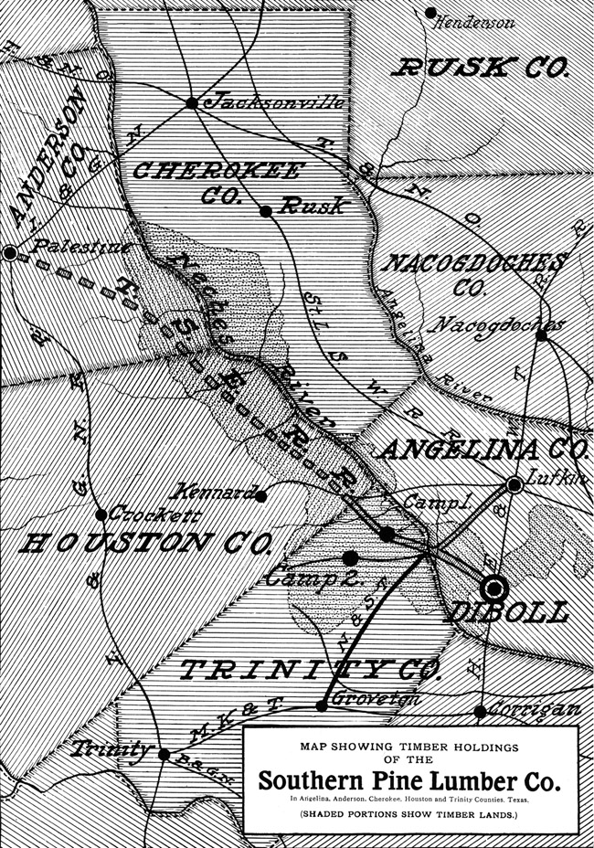 Texas South-Eastern Railroad Company and the Southern Pine Lumber Company, Map Showing Main Route and Trams in 1908.