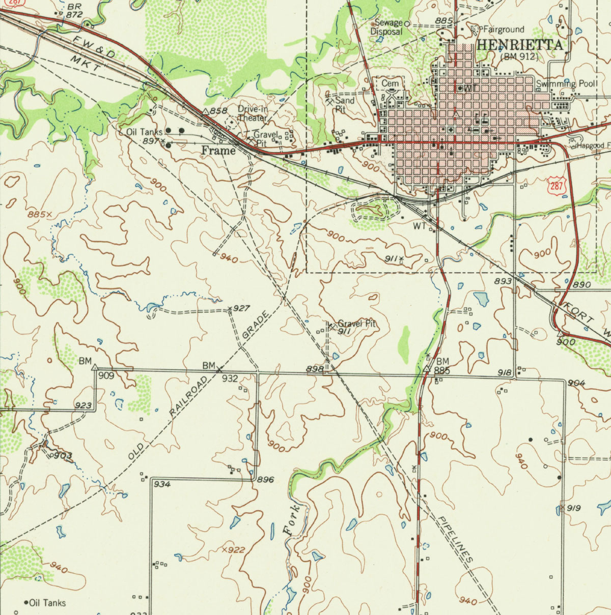 Southwestern Railway Company (Tex.), Map Showing Abandoned Route Southwest of Henrietta, Texas in 1956.