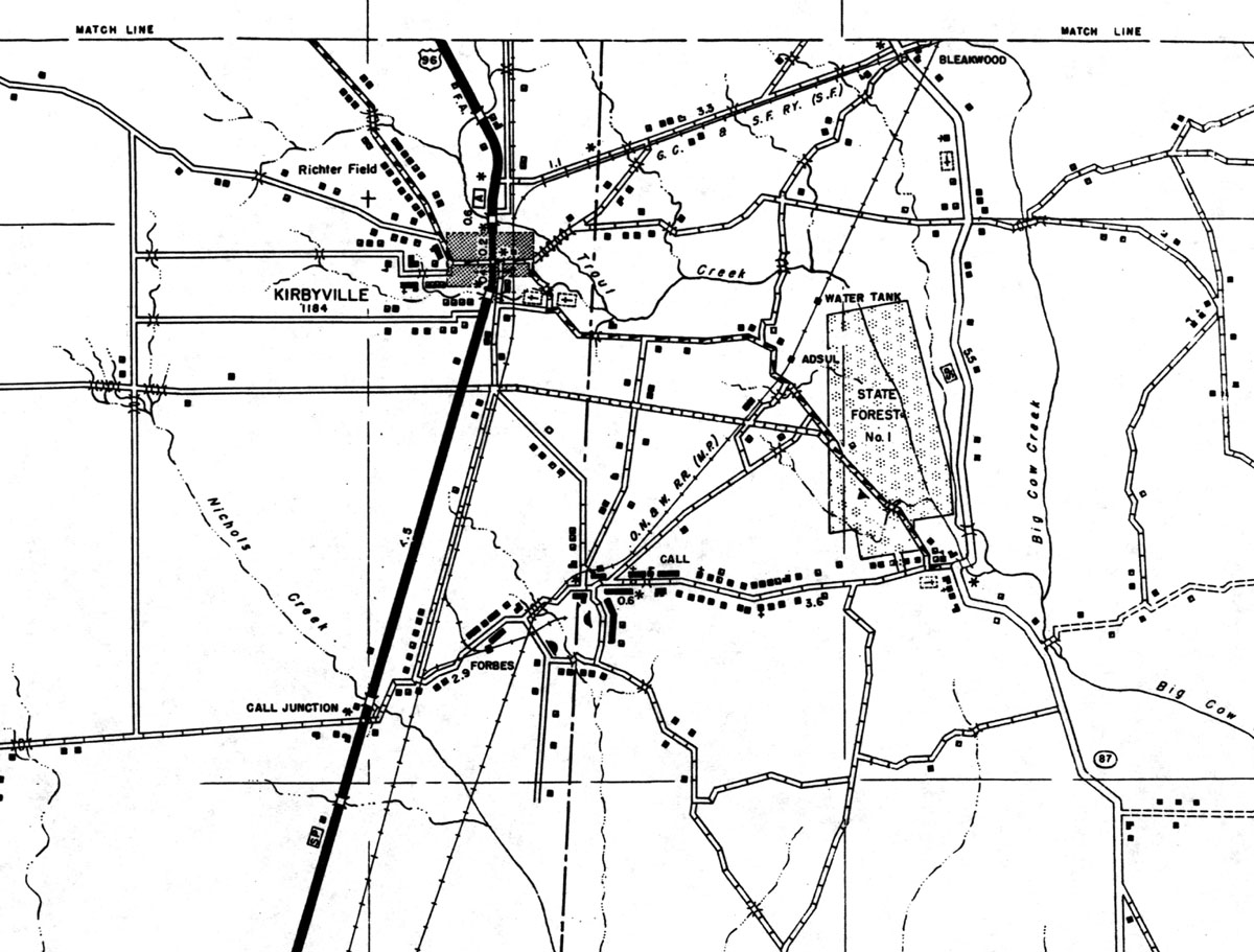 Kirby Lumber Company (Tex.), map showing street layouts of Kirbyville and Call, Texas in 1936.