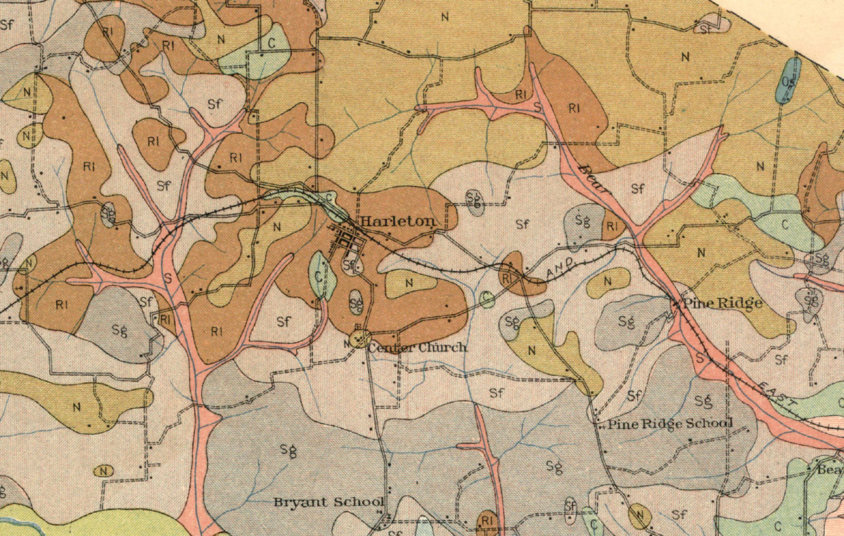 Marshall & East Texas Railway Company (Tex.), map showing the communities of Harleton and Pine Ridge in 1912.