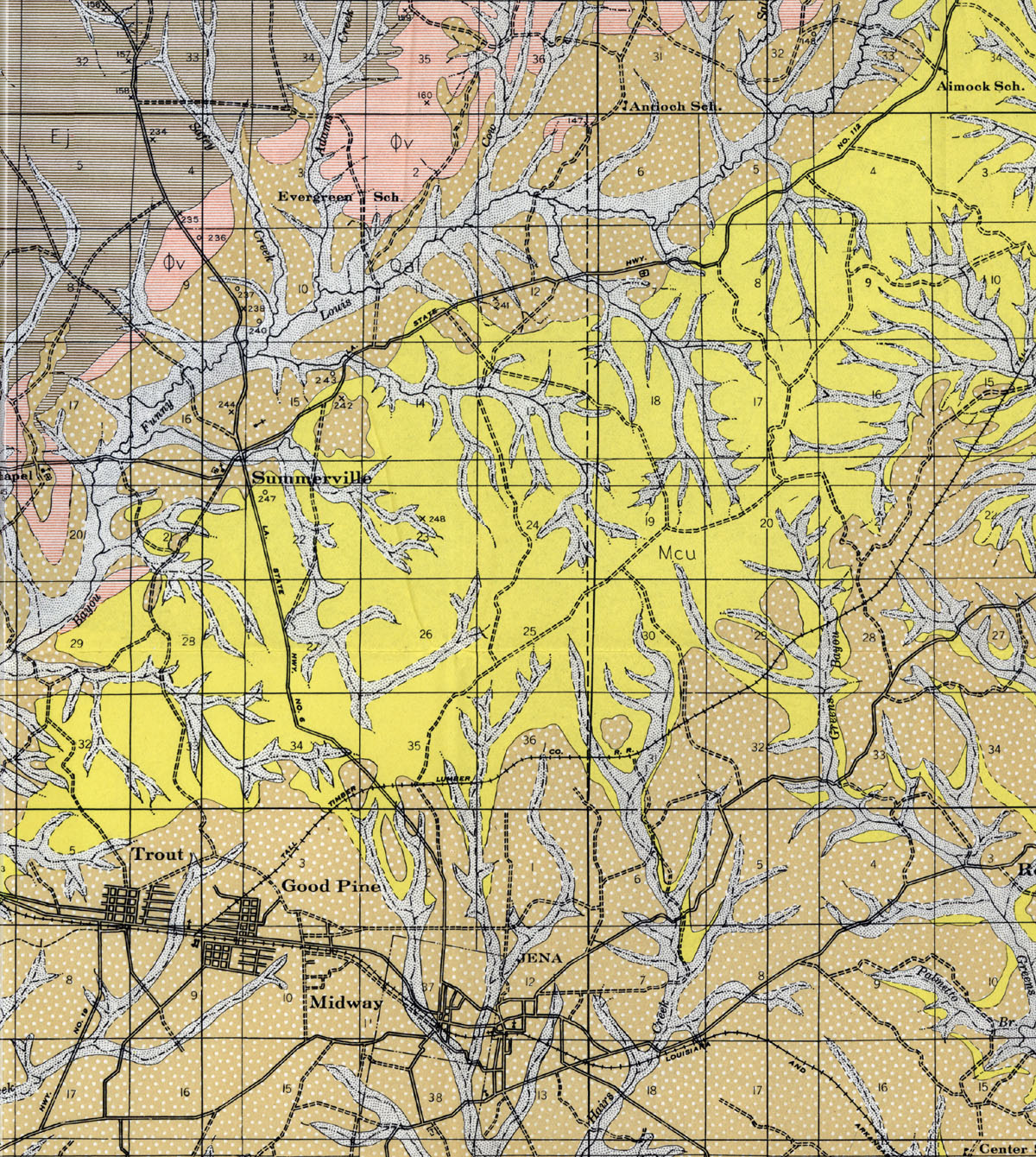 Tall Timber Lumber Company (La.), map showing tram route northwest of Trout and Goodpine, La. in 1938.