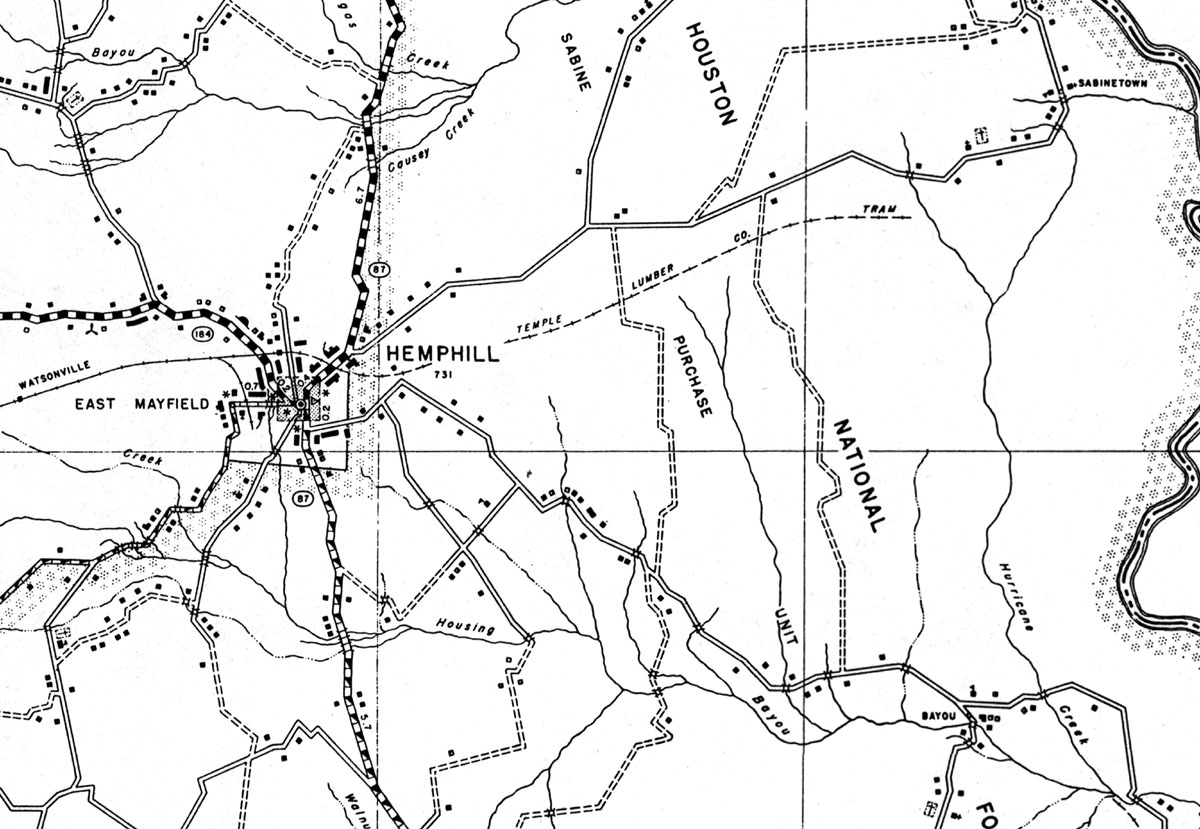 Temple Lumber Company at Hemphill, Texas. Map showing tram east of Hemphill in 1936.