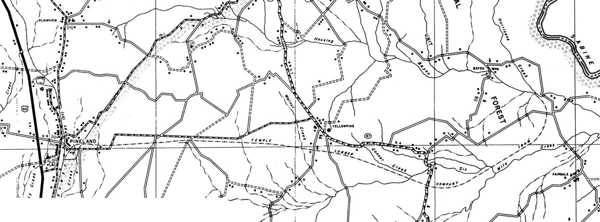 Temple Lumber Company at Pineland, Texas. Map showing tram east of Pineland in 1936.