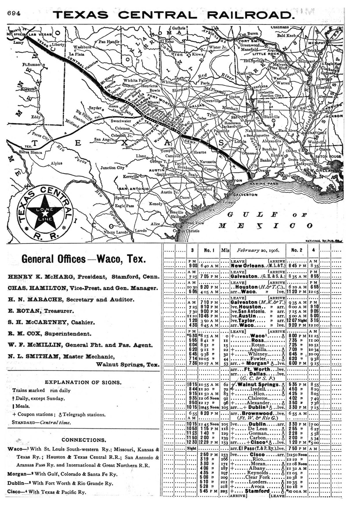 Texas Central Railroad Company (Tex.), Public Timetable and Map Showing Route in 1906.