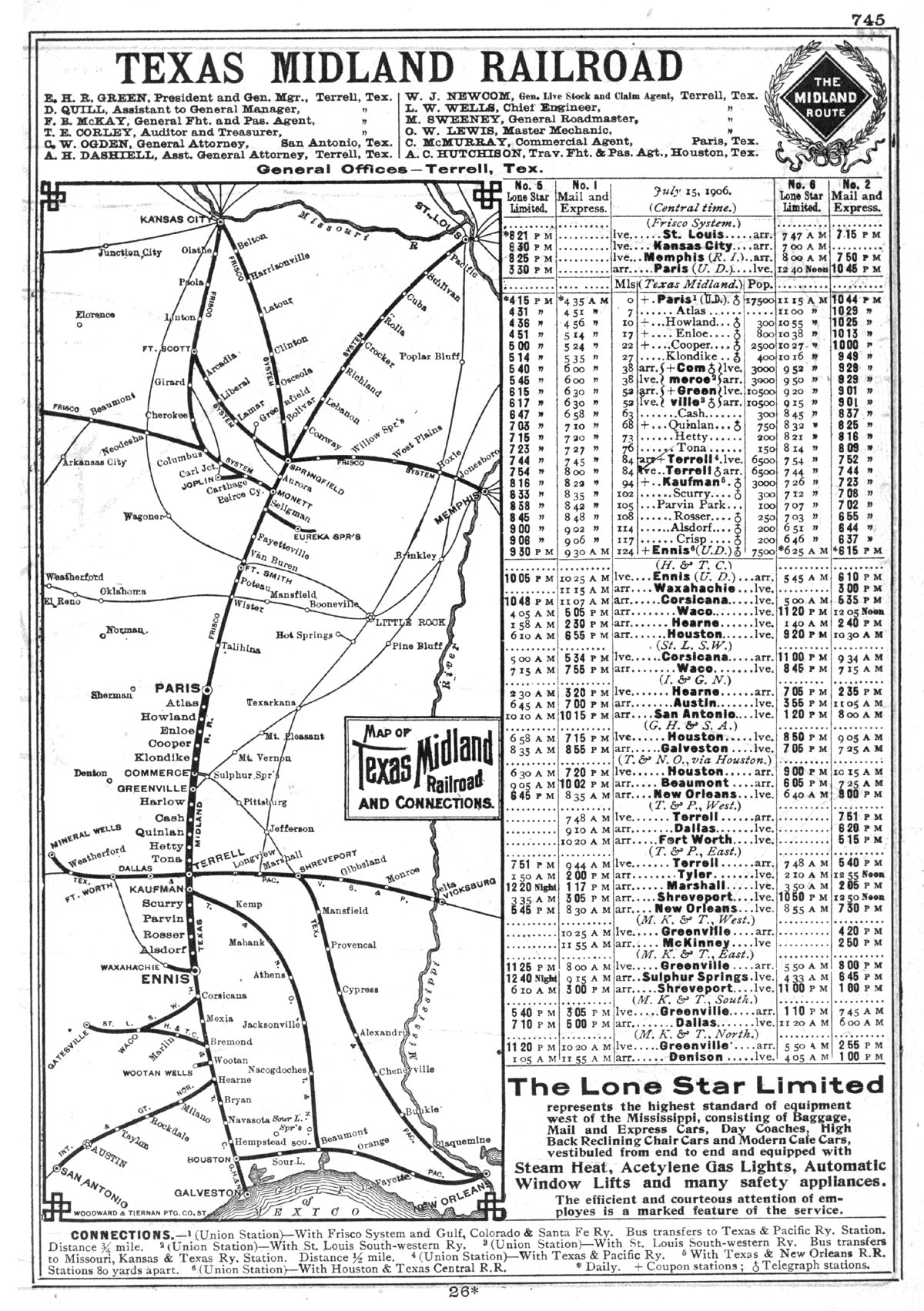 Texas Midland Railroad Company (Tex.), Public Timetable and Map Showing Route in 1906.