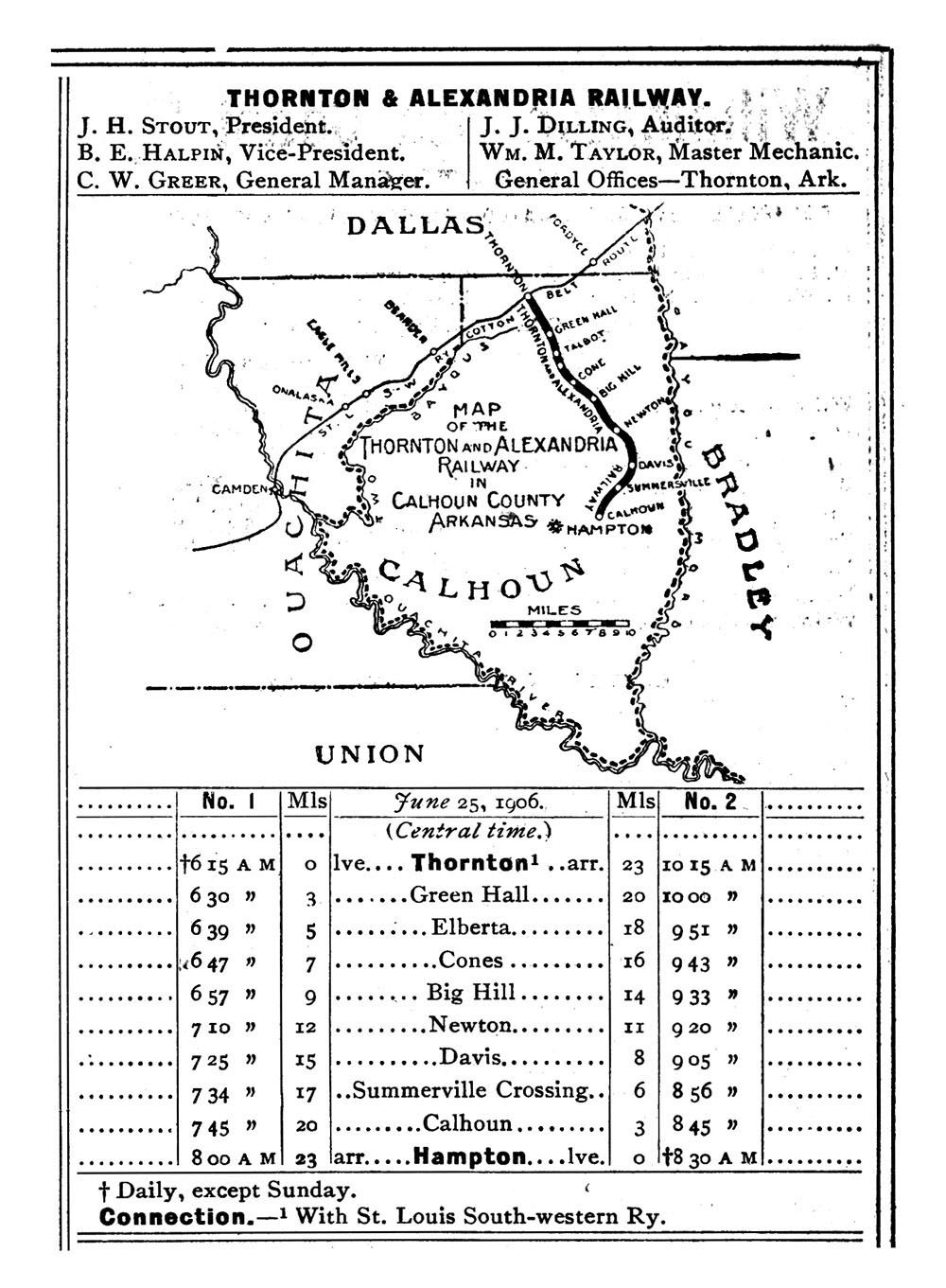 Thornton & Alexandria Railway Company (Ark.), Public Timetable and Map Showing Route in 1906.