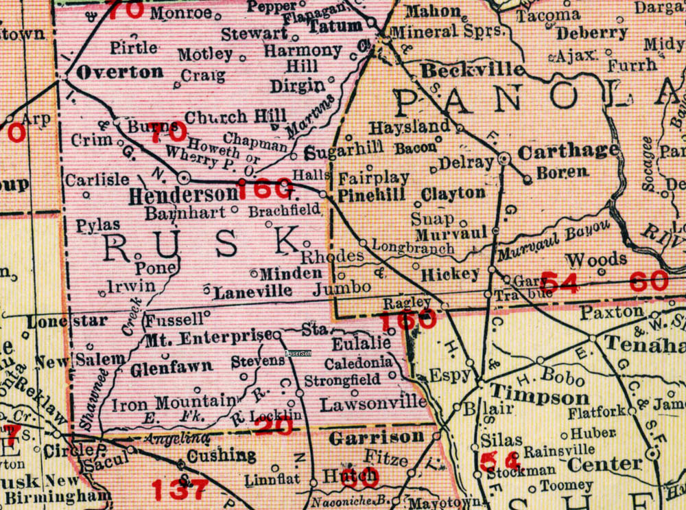 Timpson & Henderson Railway Company (Tex.), Map Showing Route in 1913.
