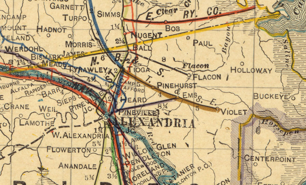 Tioga & Southeastern Railway Company (La.), Map Showing Route in 1913.