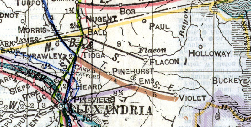 Tioga & Southeastern Railway Company (La.), Map Showing Route in 1914.