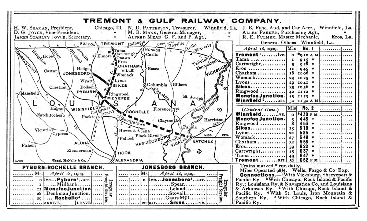 Tremont & Gulf Railway Company (La.), Public Timetable Showing Route in 1910.