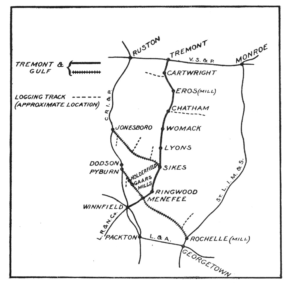 Tremont & Gulf Railway Company (La.), 1911 reference map showing general route, connections and lumber trams.