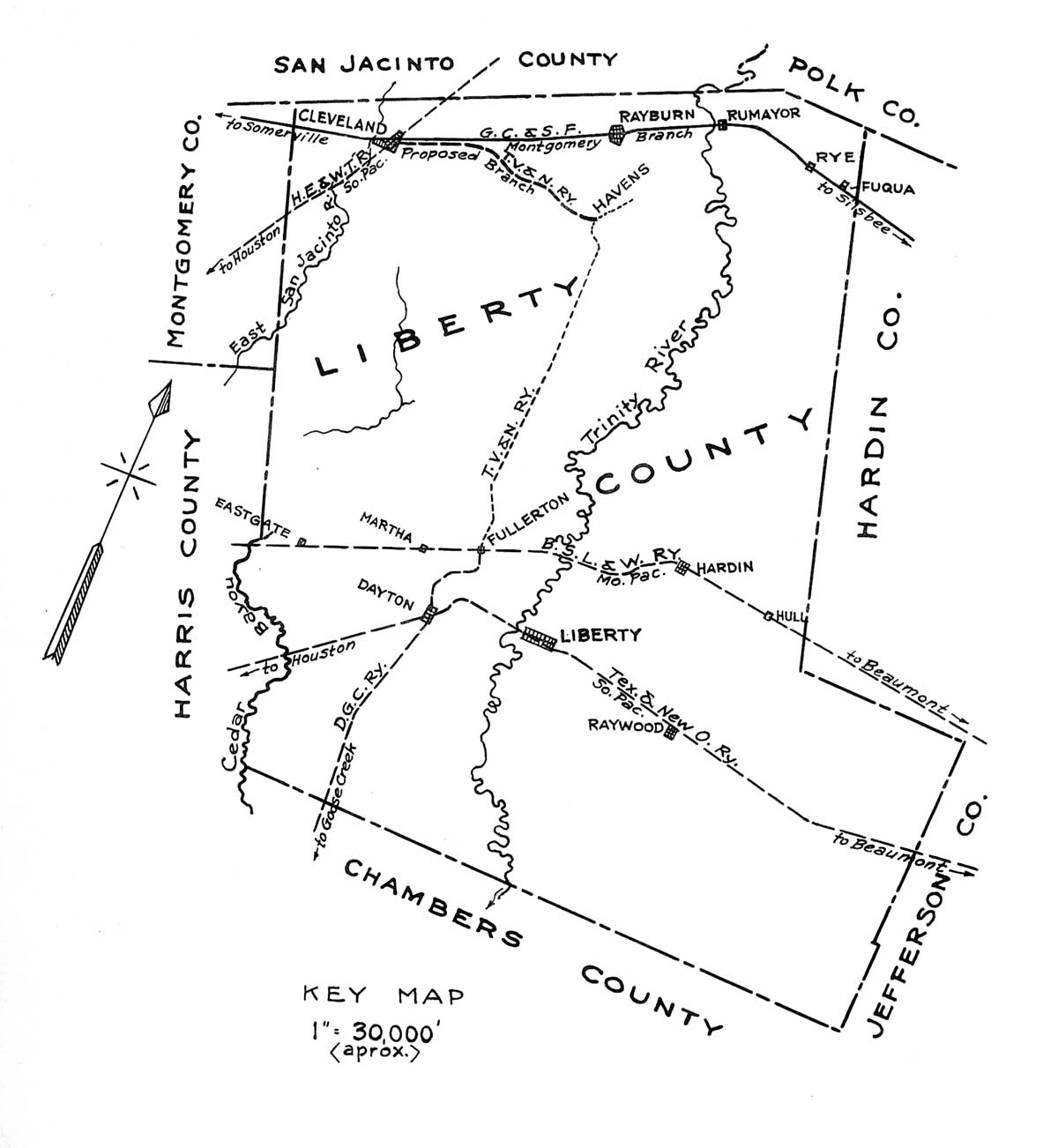 Trinity Valley & Northern Railway Company (Tex.), showing existing, abandoned and proposed lines in 1930.