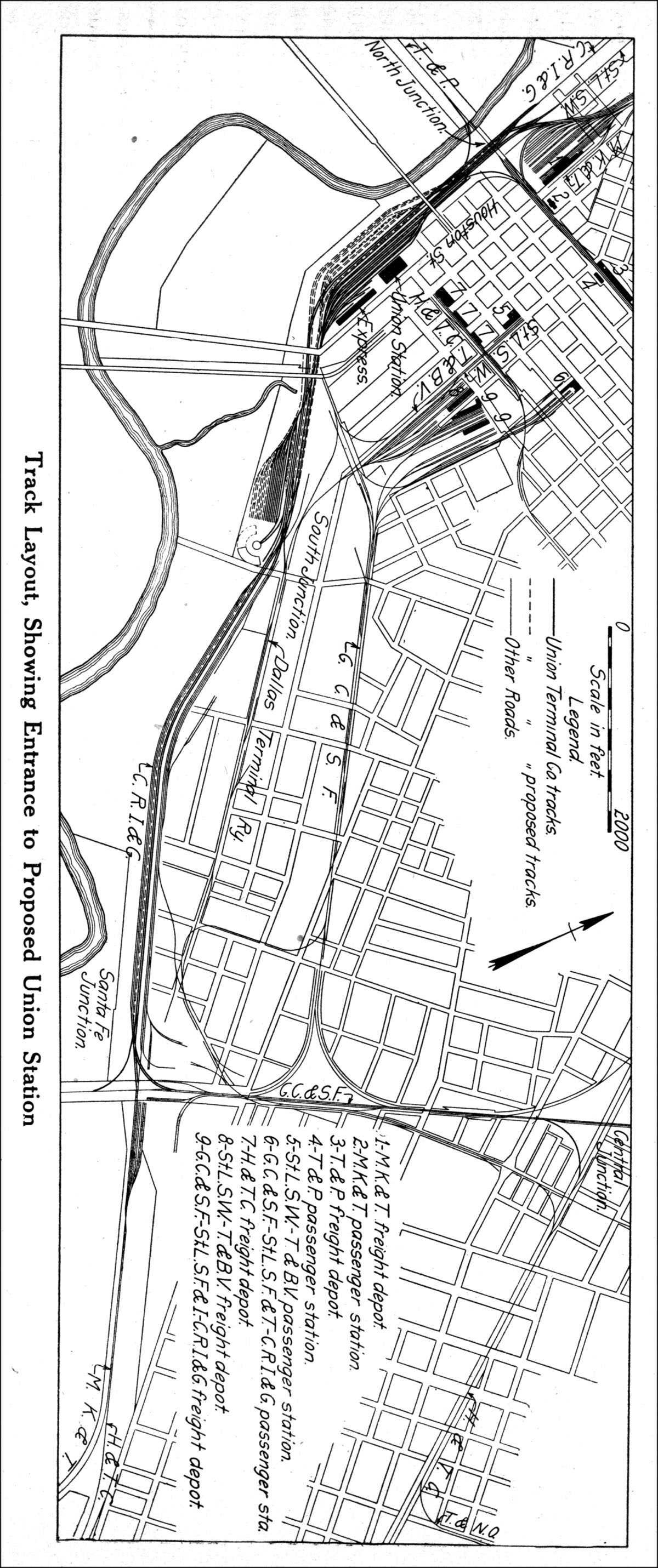 Union Terminal Company (Dallas, Tex.), map showing industrial tracks and proposed Union Station in 1914.