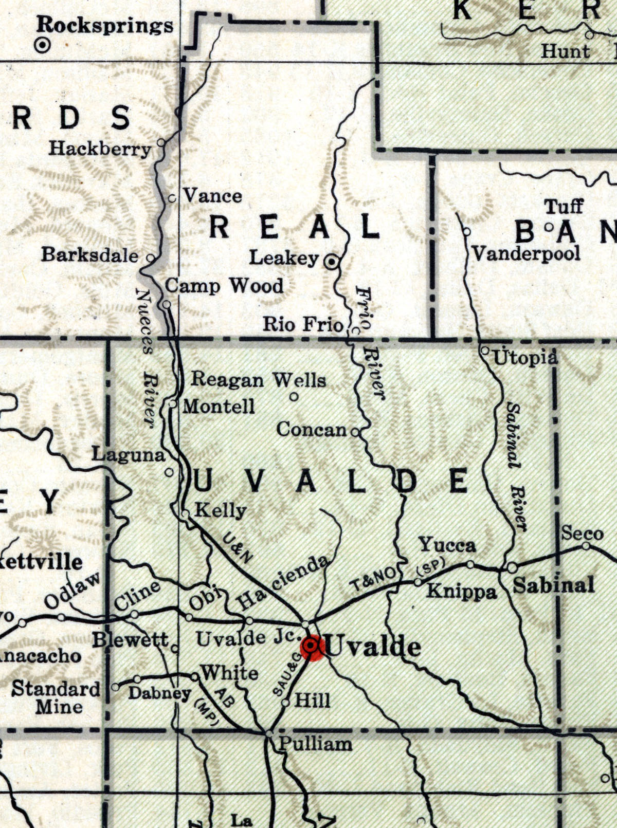 Uvalde & Northern Railway Company (Tex.), map showing route in 1937.