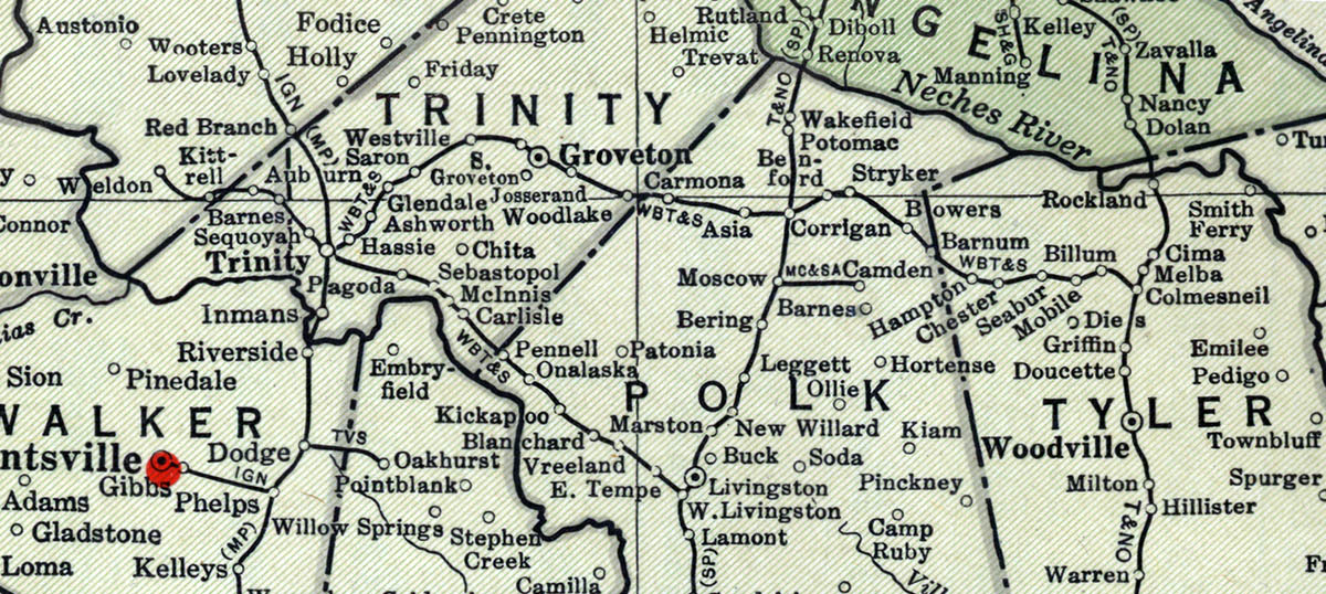 Waco, Beaumont, Trinity & Sabine Railway Company (Tex.), Map Showing Route in 1937.