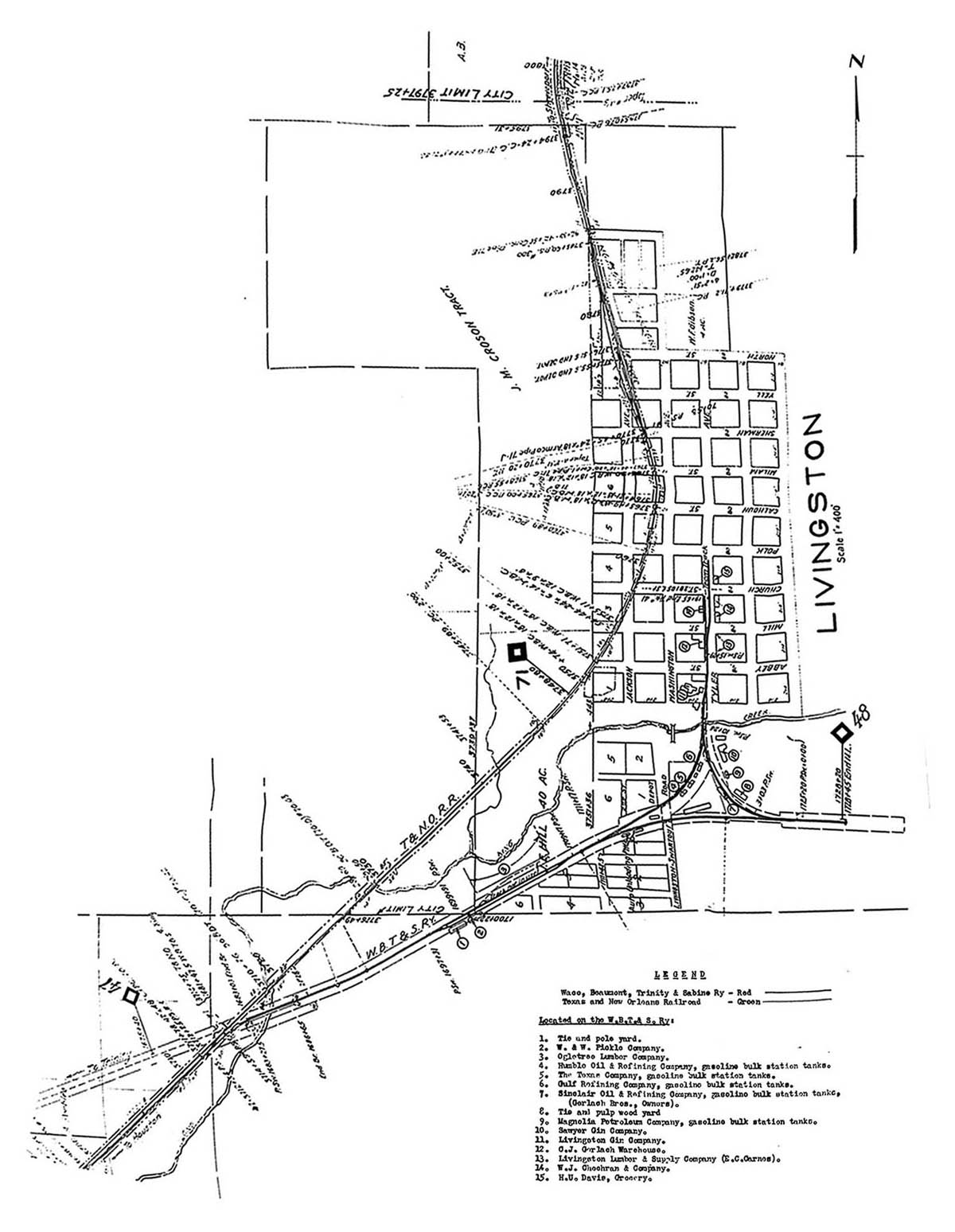 Waco, Beaumont, Trinity & Sabine Railway Company (Tex.), Map Showing Station Layout at Livingston, Texas in 1940.