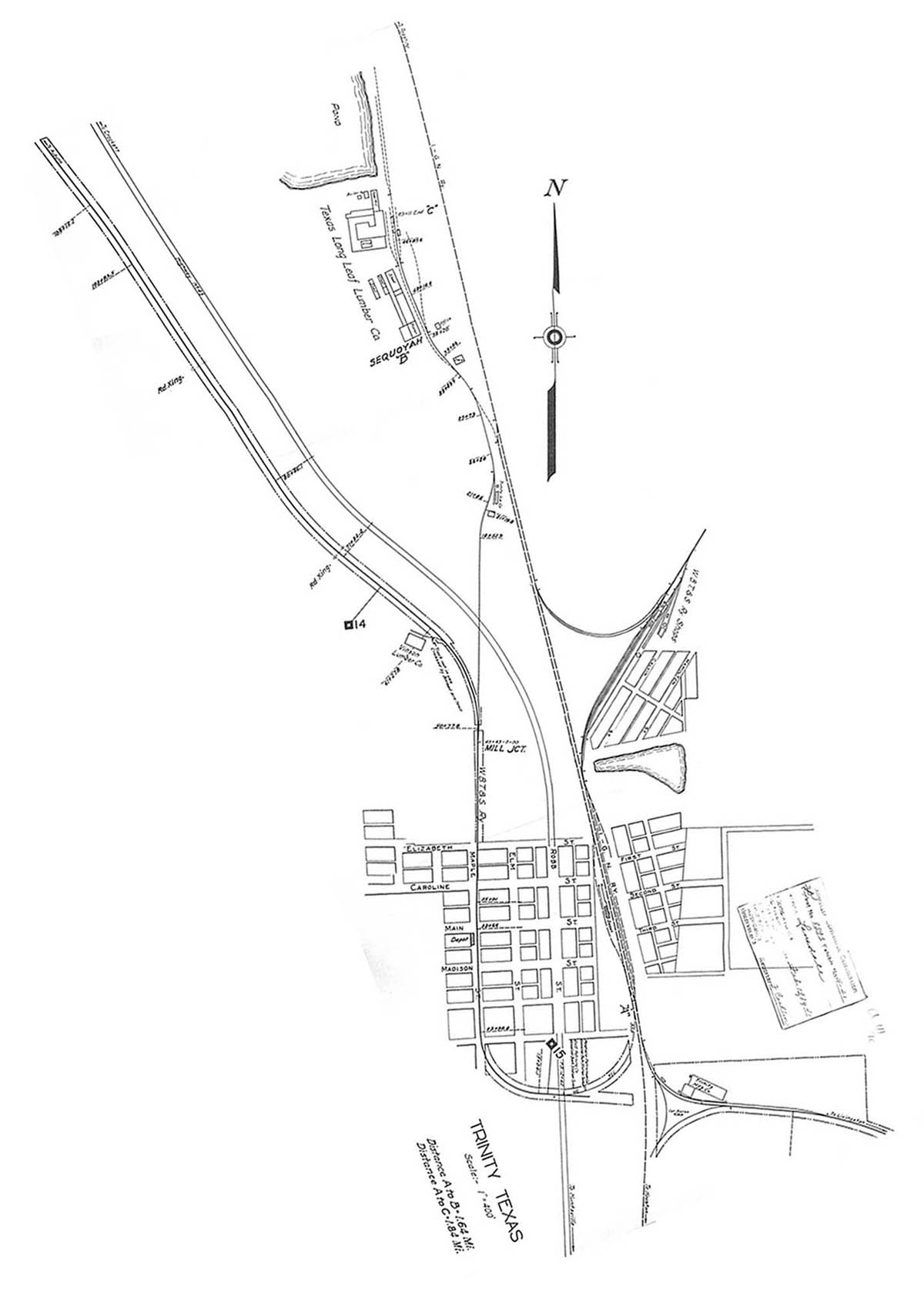 Waco, Beaumont, Trinity & Sabine Railway Company (Tex.), Map Showing Station Layout at Trinity, Texas in 1940.