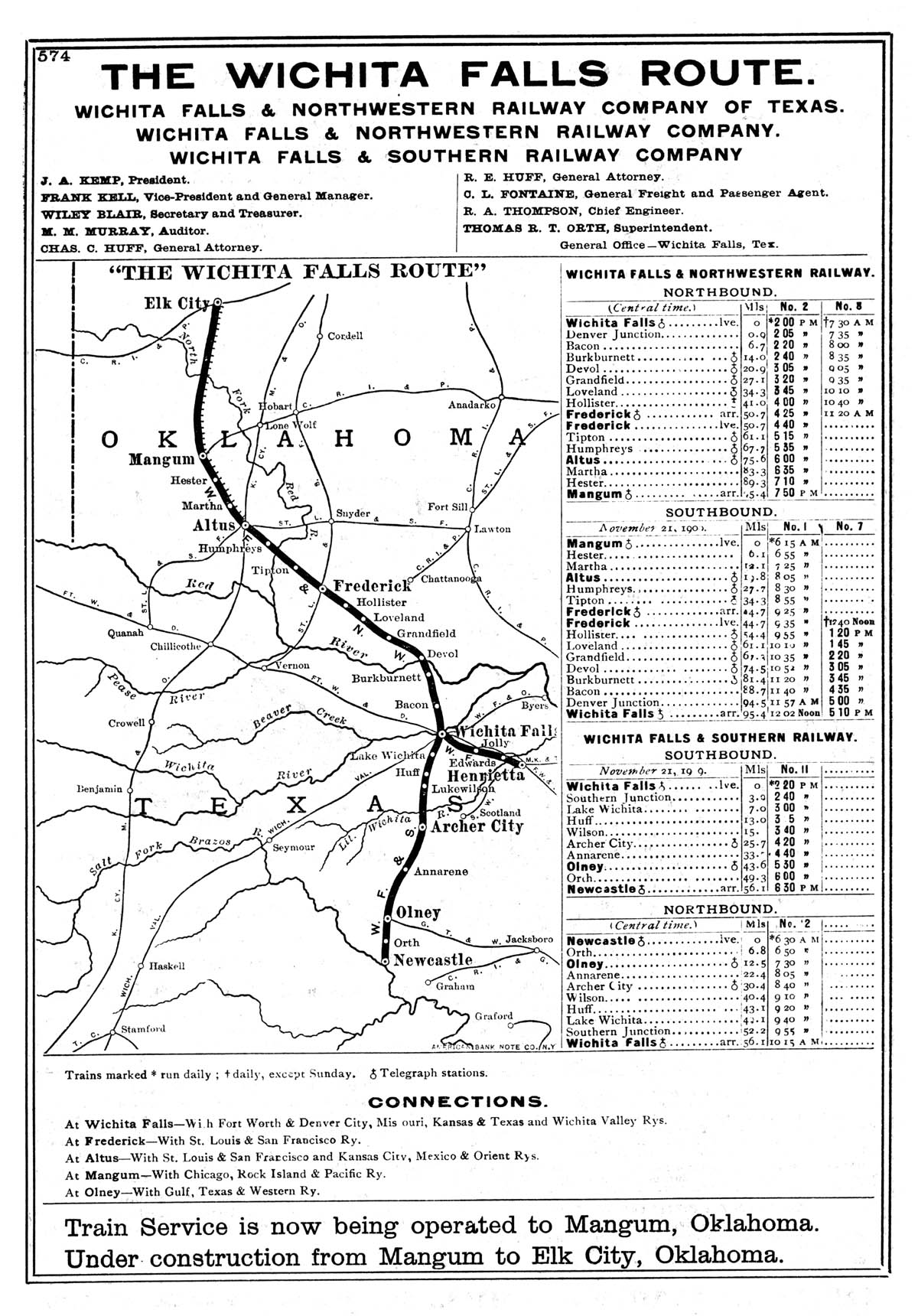 Wichita Falls & Northwestern Railway Company (Tex.), Map Showing Route in 1910.