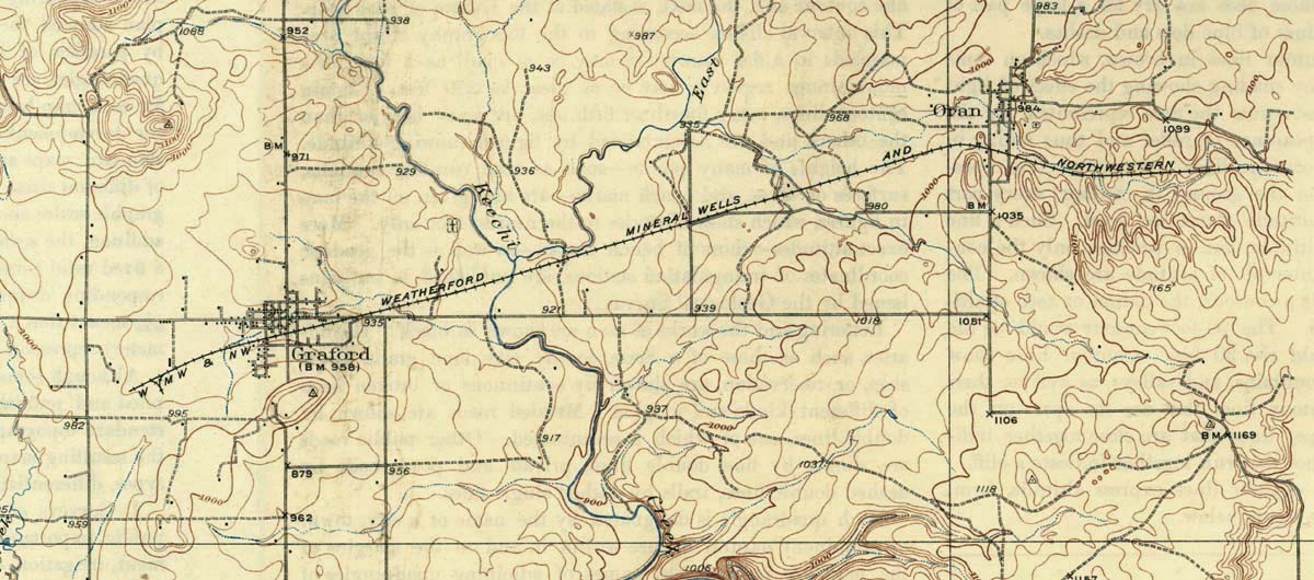 Mineral Wells & Northwestern Railway Company (Tex.), Map Showing Route betweeen Oran and Graford, Texas in 1924.