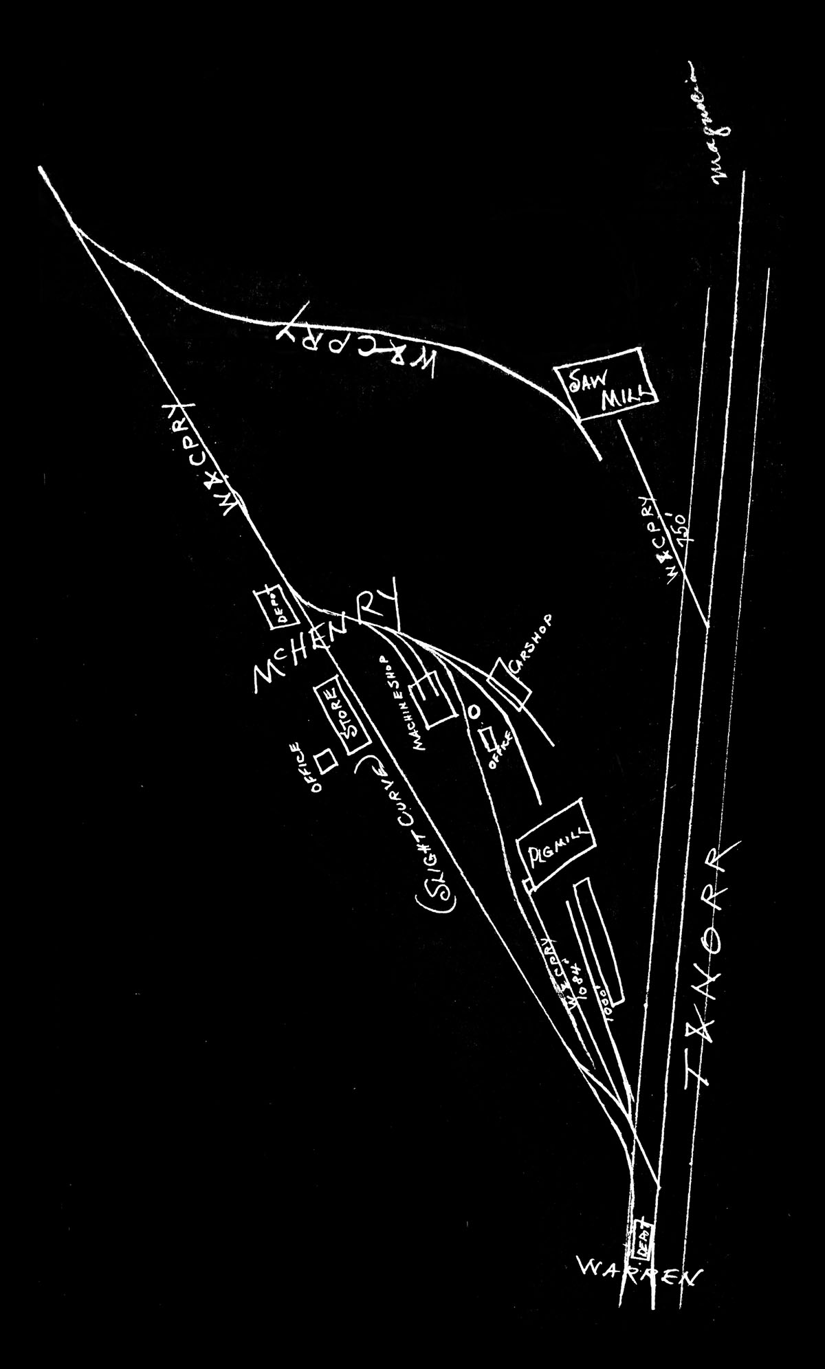 Warren & Corsicana Pacific Railway Company (Tex.), Map Showing Mill Layout and Industrial Tracks at "McHenry" (on the edge of Warren) in 1901.