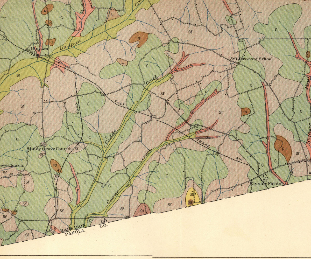 Waterman Lumber & Supply Company (Tex.), map showing tram near Blocker in southern Harrison County in 1912.