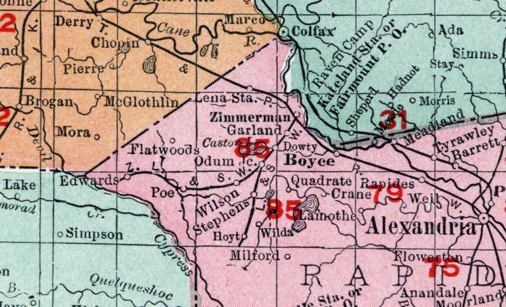 Zimmerman, Leesville & Southwestern Railway Company (La.), map showing route in 1904.