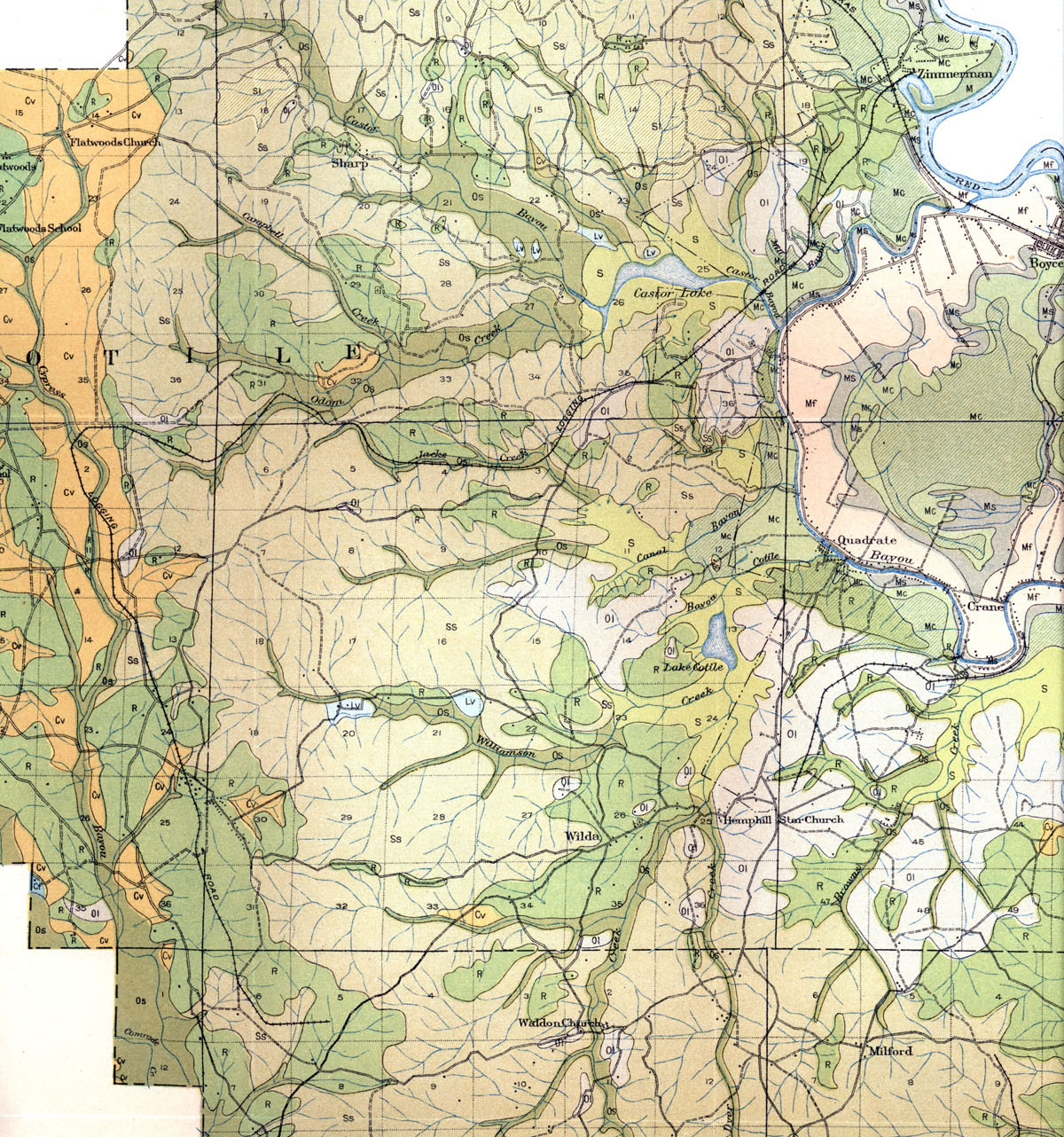 Zimmerman, Leesville & Southwestern Railway Company (La.), Map Showing Route in 1916.