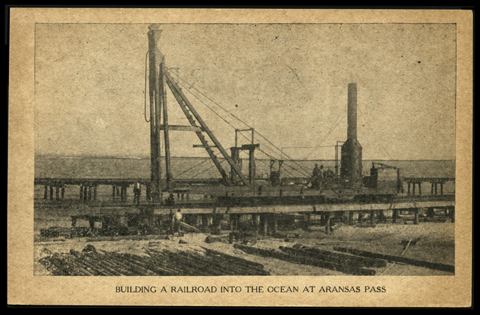 Aransas Harbor Terminal Ry. pile driver used in construction work on the Aransas Harbor Terminal Ry. at Aransas Pass, Texas, ca. 1909. 