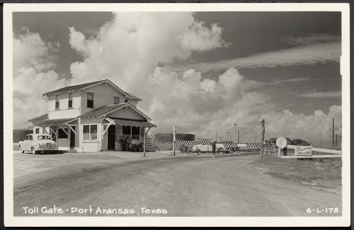 Harbor Island Store, Port Aransas toll road gate, 1950s. 
