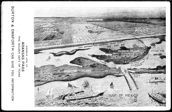 Birdseye artist's depiction of Aransas Pass, showing route of original "old Terminal railroad. "
