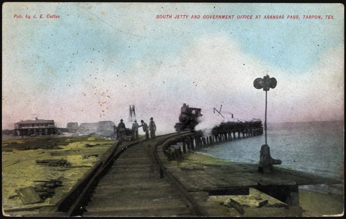 Aransas Harbor Terminal Ry. train in construction work on the South Jetty at Aransas Pass. Colorized image, ca. 1909. 