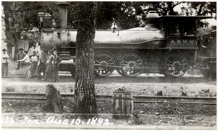 Austin & Northwestern Railroad locomotive No. 5 at "Camden Mills", ca. 1890. 