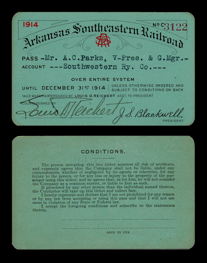 Arkansas Southeastern Ry. trip pass. Issued for travel in 1914. 
