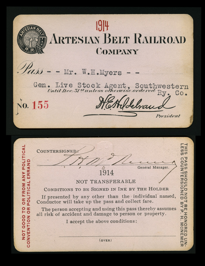 Artesian Belt Ry. trip pass, dated 1914. 