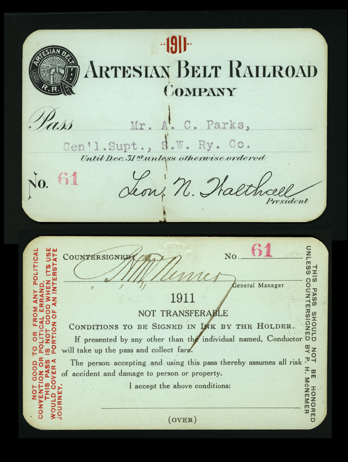 Artesian Belt Ry. trip pass, dated 1911. 