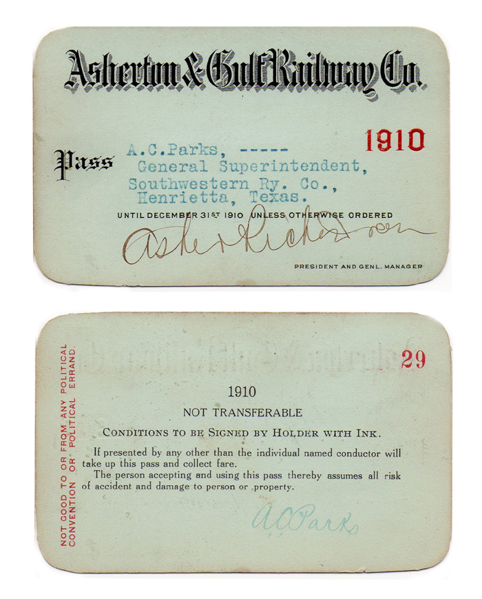 Asherton & Gulf Ry. trip pass. Issued for travel in 1910. 