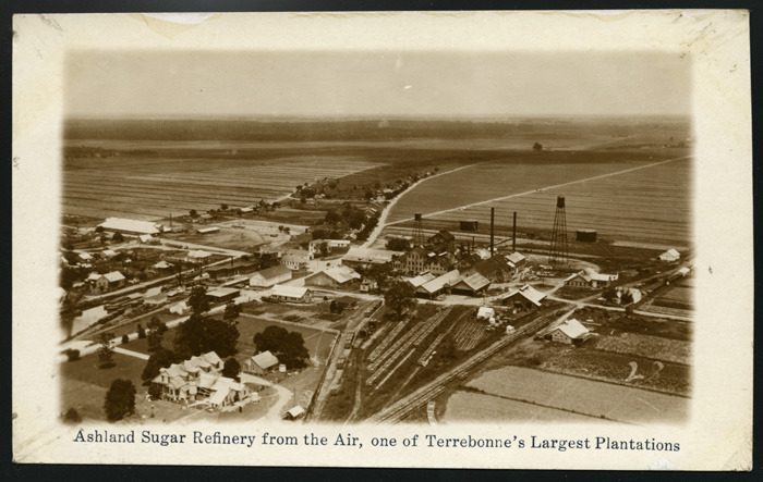 Aerial view of the Ashland Sugar Refinery, also known as the Belle Helene plantation, in Terrebonne Parish, Louisiana. Undated.