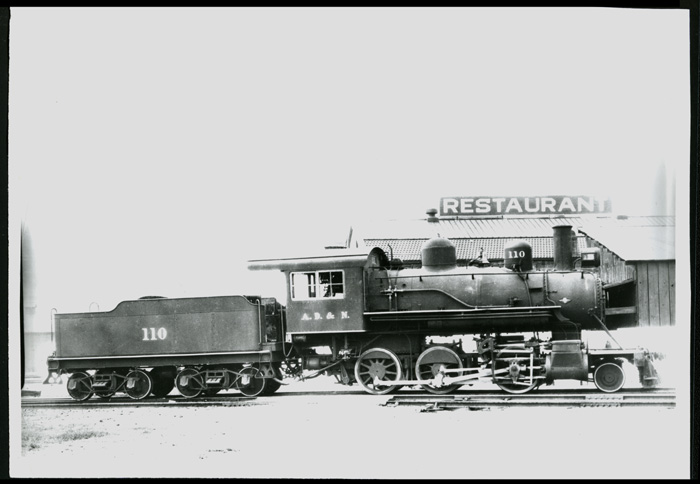 Ashley, Drew & Northern Ry. locomotive no. 110 at Crossett, Arkansas. Undated. 