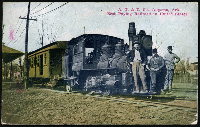 Augusta Tramway & Transfer Company locomotive no. 3 and combination car at Augusta, Arkansas, ca. 1912. 